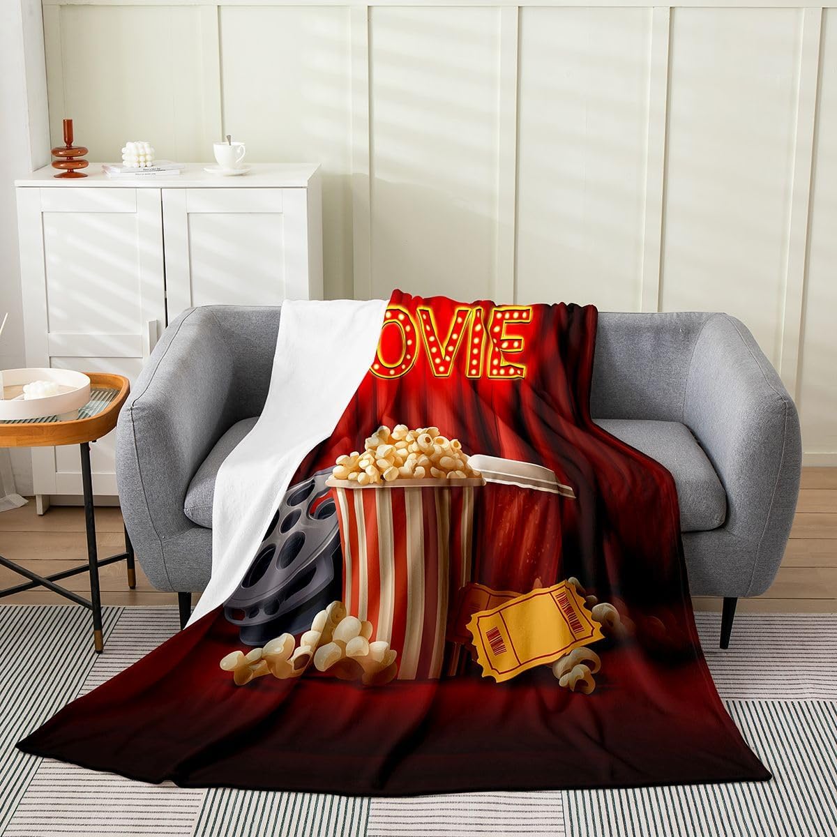 Movie Theme Decor Throw Blanket for Sofa Bed Couch, Retro Cinema Style Fleece Blanket, Home Theater Decor Fuzzy Blanket, Cinema Ticket Popcorn Soft Cozy Flannel Blanket All Season, Throw Size