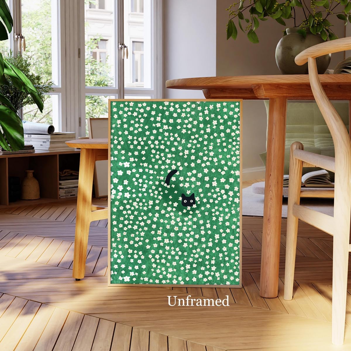 Black Cat Canvas Wall Art, Cute Cat In Daisies Meadow Aesthetic Poster, Adorable Animal Picture Rich Green Print Painting for Bedroom, Nursery Wall Decor Pet Lover Gift 12x16in Unframed