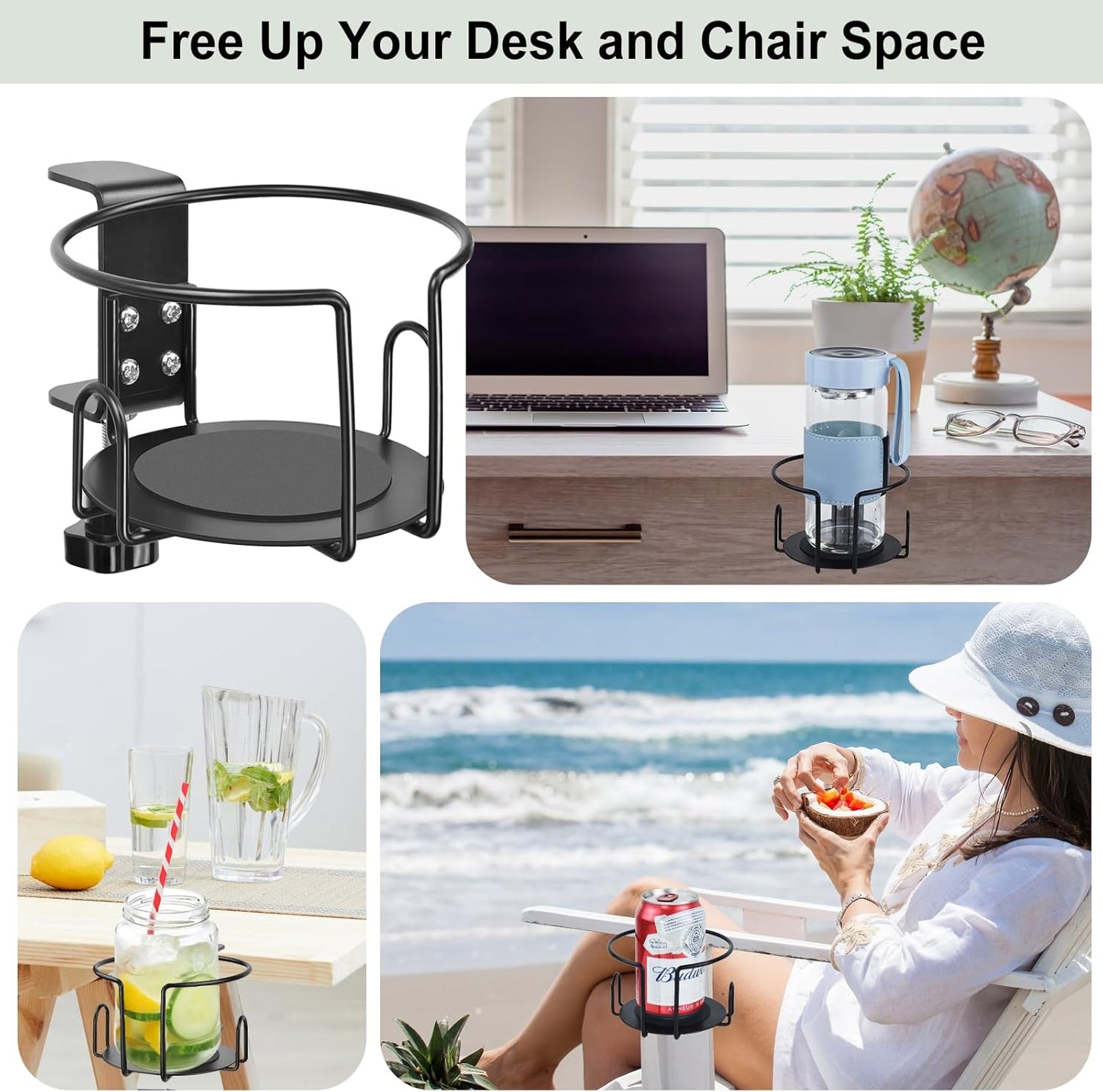 Upgraded Cup Holder, Gaming Desk Accessories Anti-Spill Drink Cup Holder for Table Edge or Chair Armrests, Clip on Desk Side Cups Holders for Home or Outdoor Camping -Black