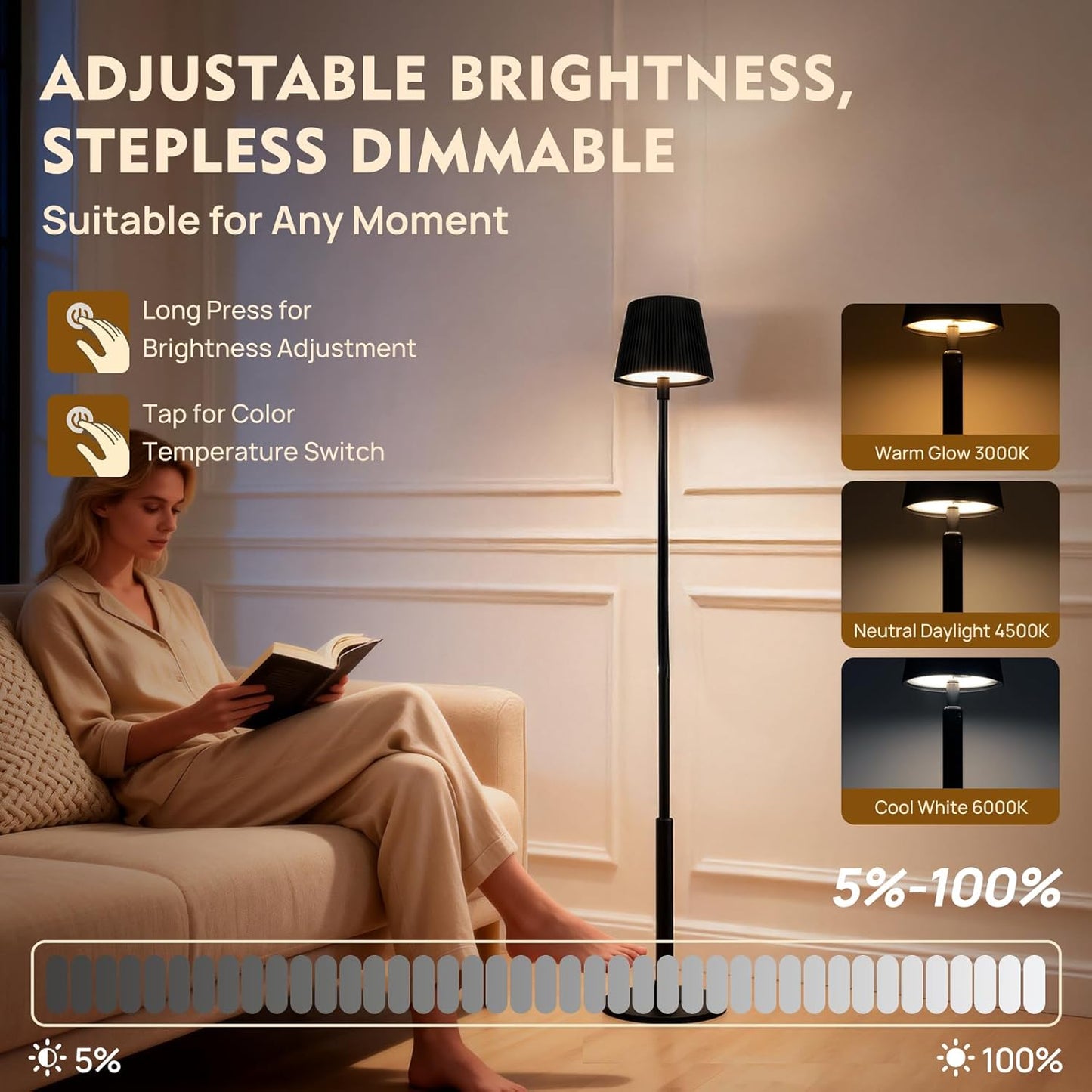 Modern LED Floor Lamp for Living Room, Tall Standing Lamp for Corner, Reading, Cordless, Rechargeable, Dimmable, Height Adjustable for Table, Desk, Outdoor, Patio, Bedroom, Black