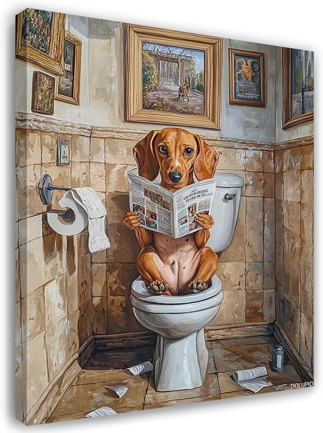 DOLUPID Dachshund Dog Sitting on Toilet and Reading A Newspaper Posters Wall Art Decoration for Bathroom Vertical Artwork Painting Canvas Print 8x10inch with Frame