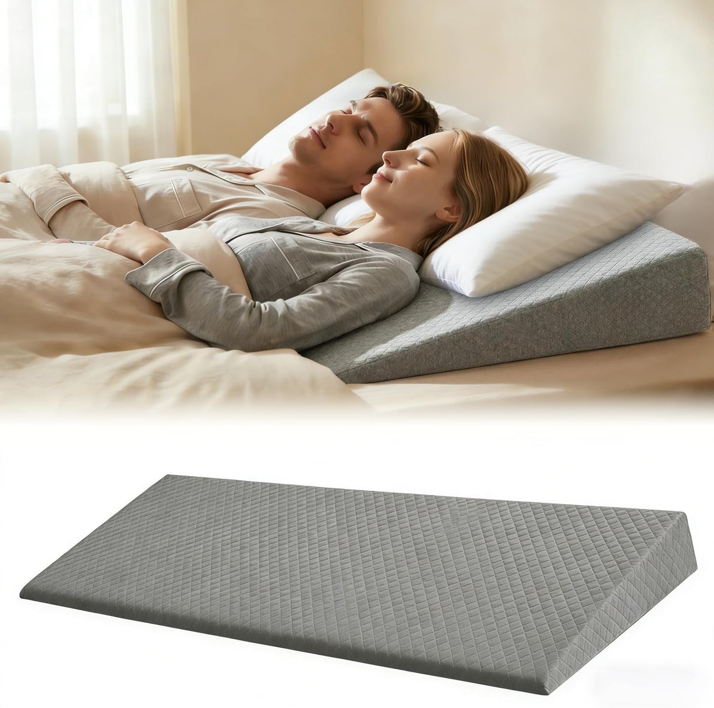 Queen Size Wedge Pillow for Sleeping - 4 Inch Bed Wedge Pillow for Acid Reflux, GERD, Sleep Apnea & Snoring Relief - High Density Foam Mattress Elevator for Back Pain, Post Surgery Recovery - Grey