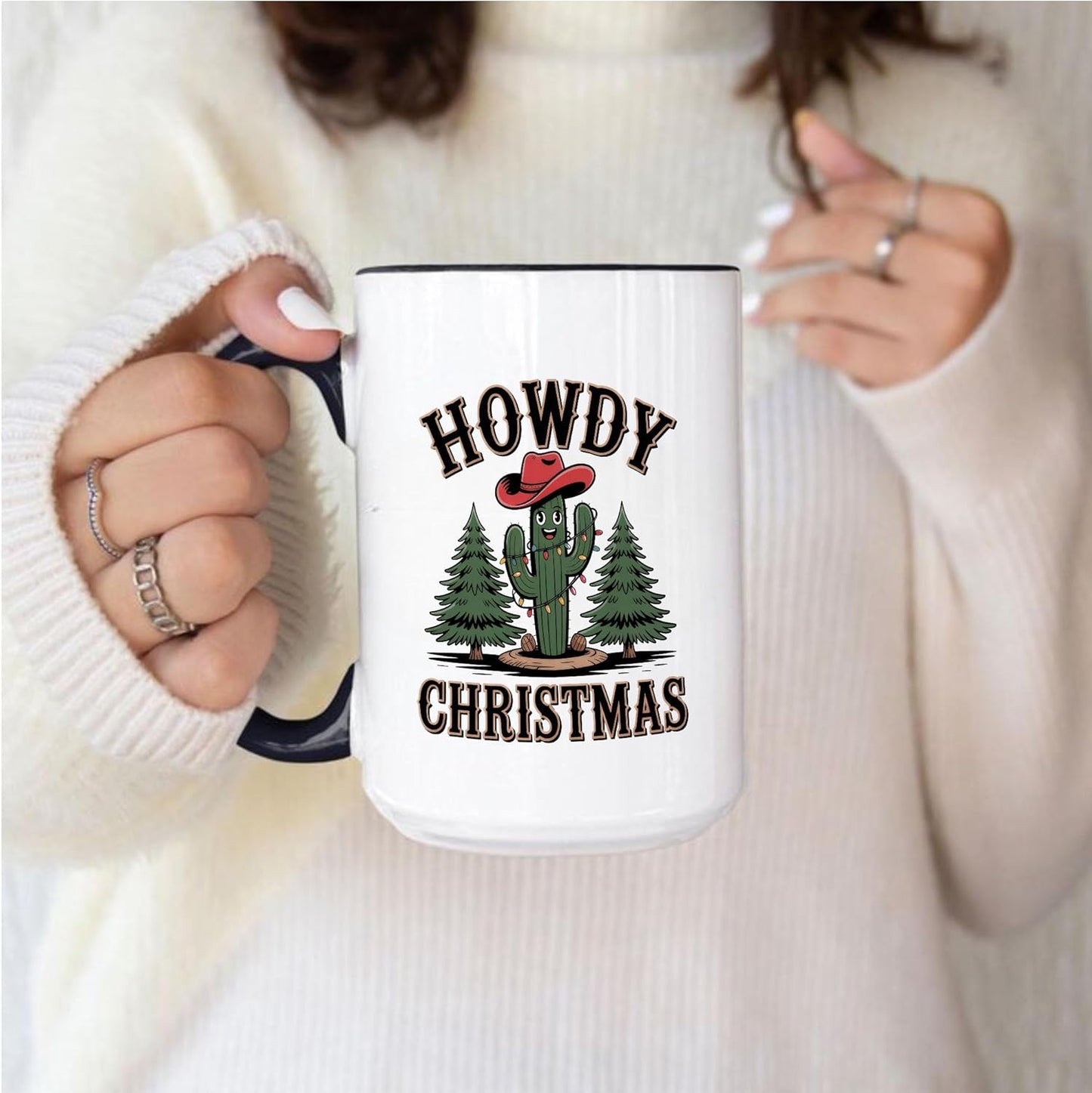 Rustic Howdy Christmas Western Cactus Two-Tone Accent Mugs, 11oz 15oz Drinking Cups, Kitchen Décor, Gifts For Book Lovers
