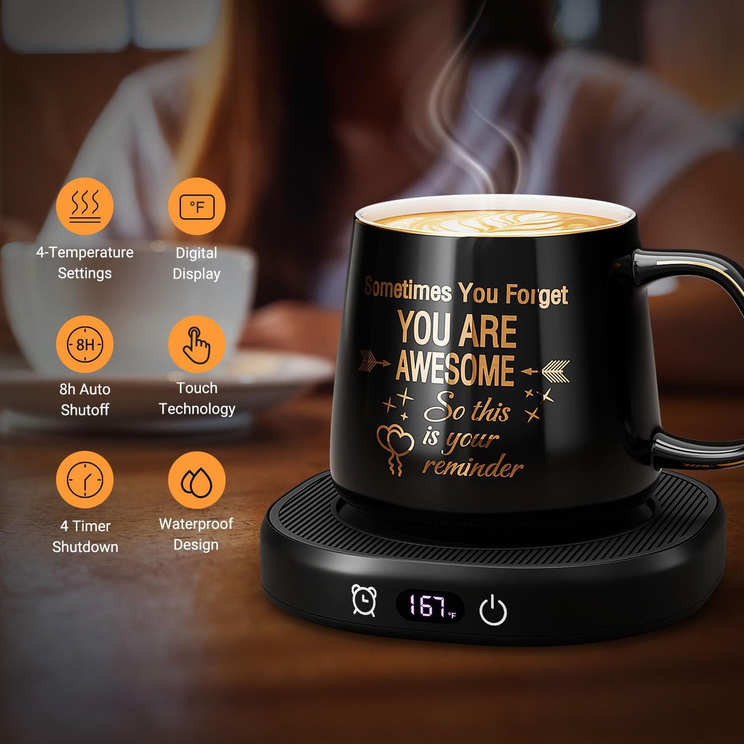 Coffee Mug Warmer & You are Awesome Mug Set, Electric Cup Warmer for Desk, Beverage Warmer with 4 Temperature Setting, 8-Hours Auto Shut Off