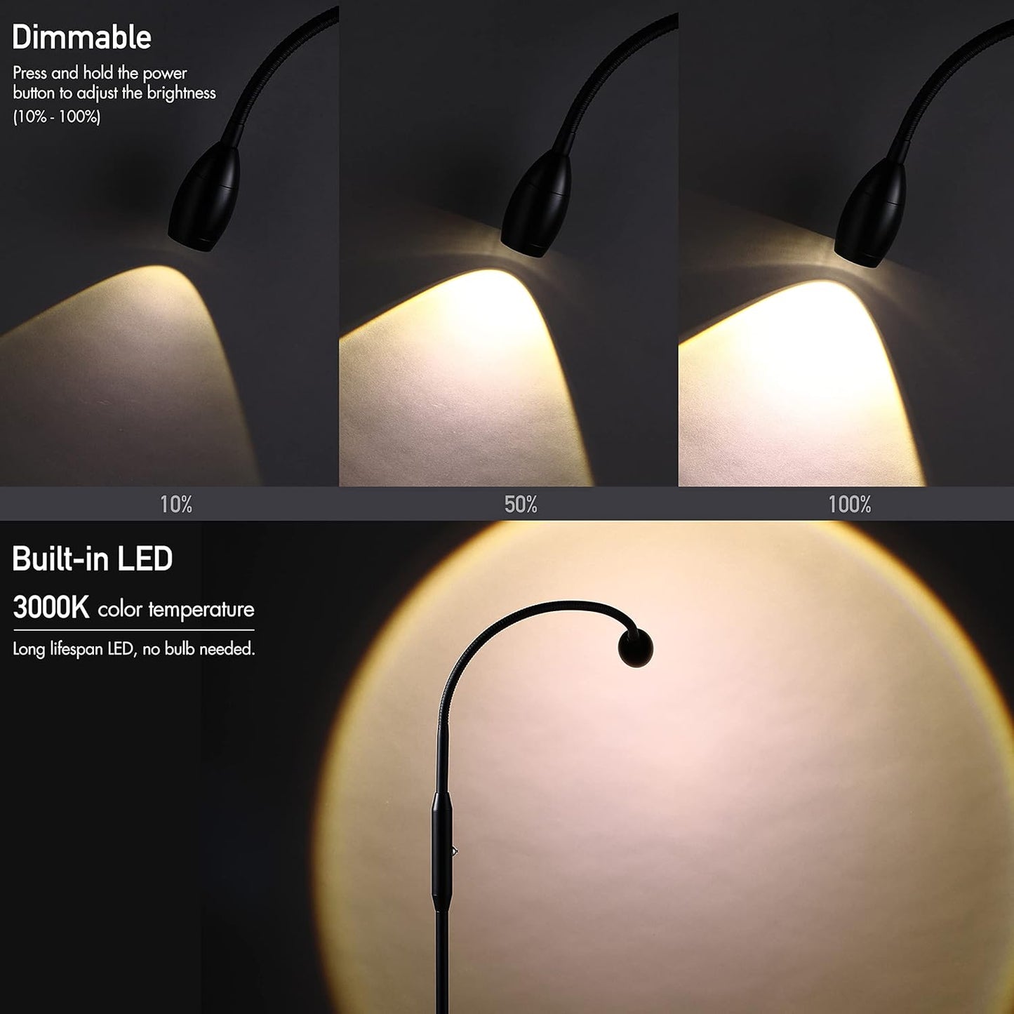 O’Bright Ray – Adjustable LED Beam Floor Lamp, Dimmable and Zoomable Spotlight, Flexible Gooseneck, Reading/Crafting Standing Lamp, Work Table Light, Matte Black