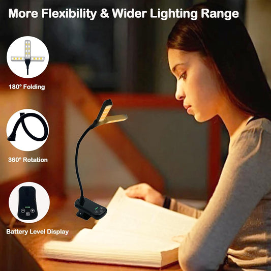 14 LED Rechargeable Book Light for Reading in Bed with Foldable Double Headed- Eye Caring 3 Color Temperatures,Stepless Dimming Brightness,80 Hrs Runtime Lightweight Clip on Light for Book Lovers