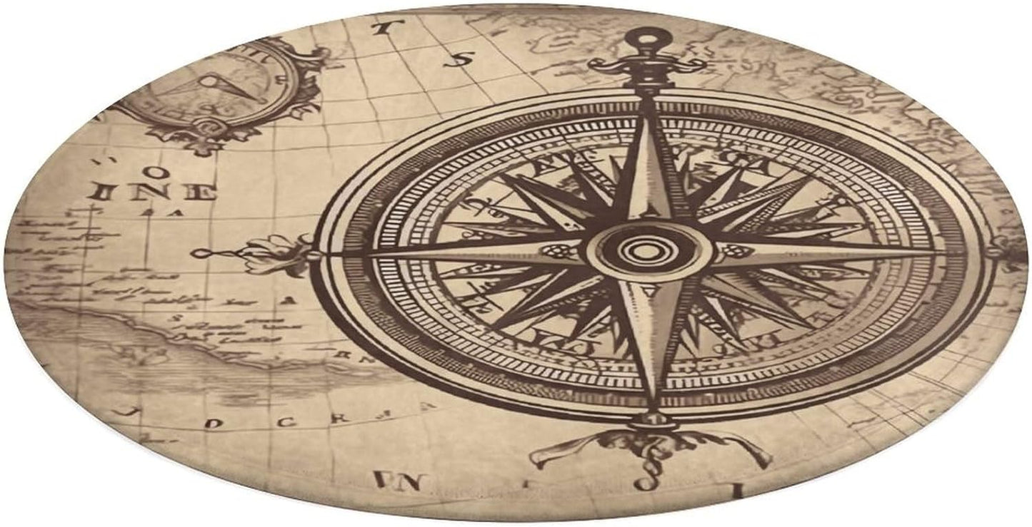 Law of The Compass Navigation Circle Rug Retro Luxury Coral Velvet Floor Mat Non Slip Soft Indoor Floor Carpet Comfy Thickened Area Rugs Modern Aesthetic Minimalist Carpets for Home Decor