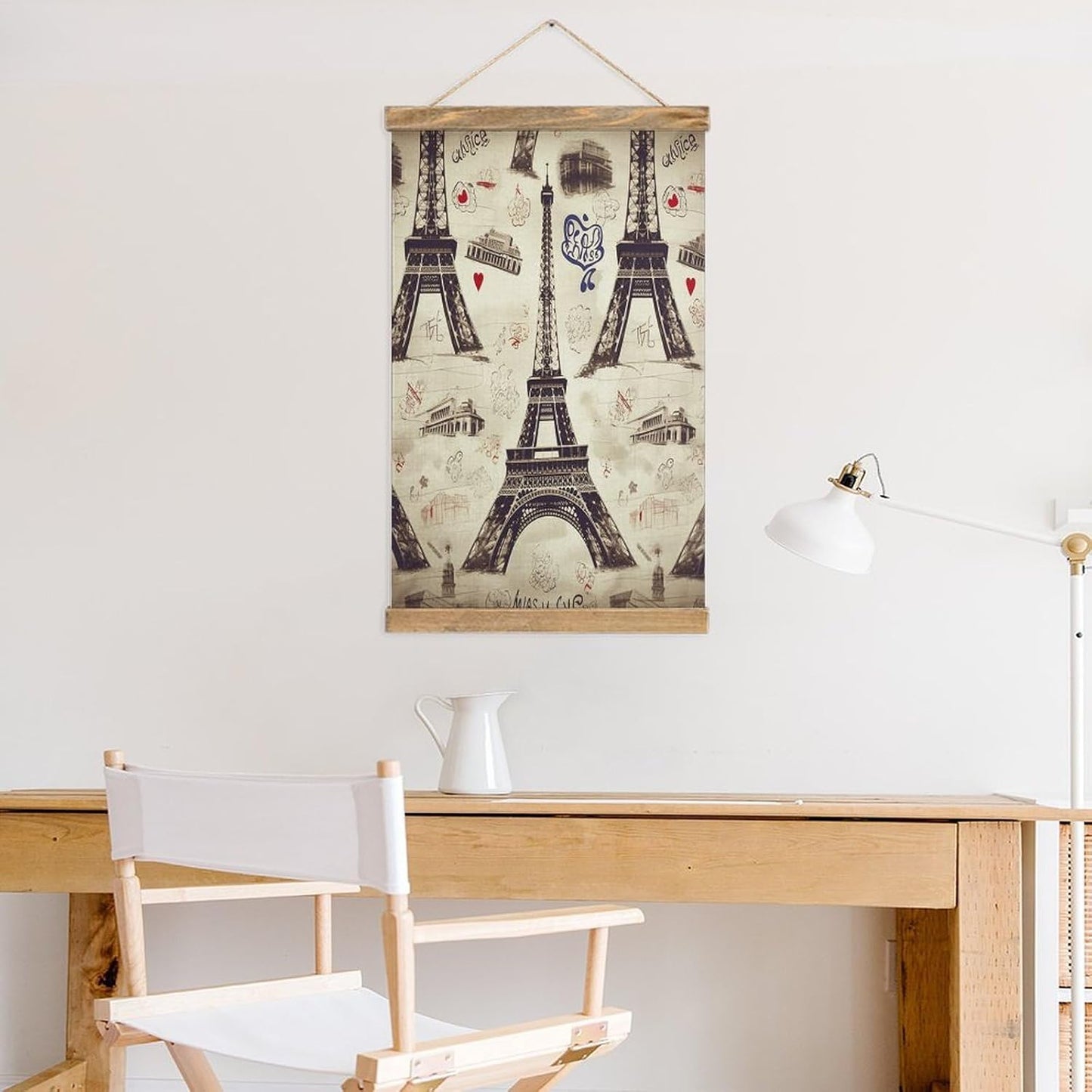 Vintage French Paris Tour Eiffel Tower Poster with Wooden Frame Personalized Linen Hanging Scroll Painting Rustic Wall Hanging Illustrative Modern Artwork Decor for Home Living Room Bedroom Office