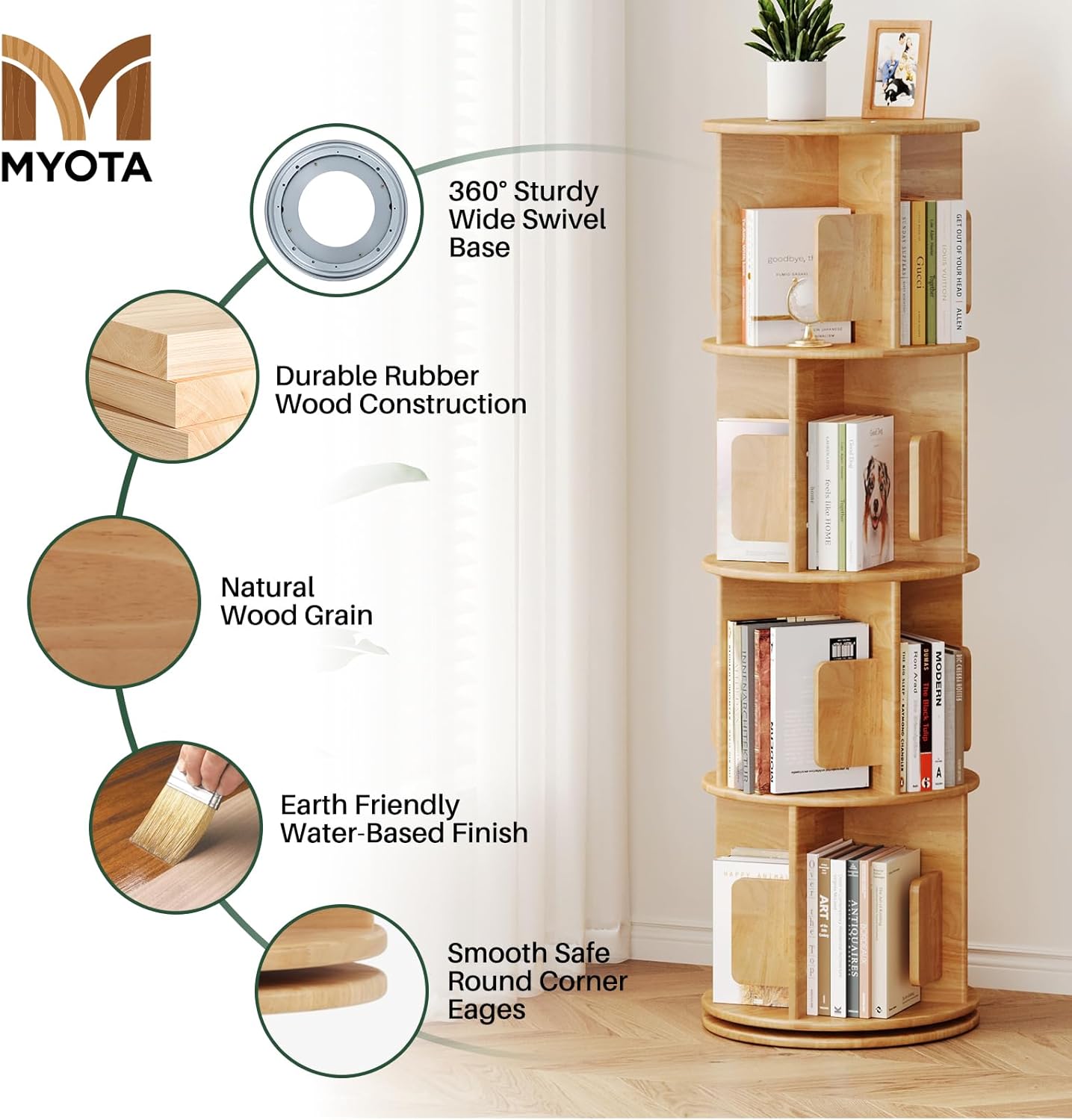 Wooden Rotating Natural Bookshelf Tower - 4 Tier 51“ H Tall 360° Spinning Revolving Bookshelf for Small Spaces, Solid Wood Round Narrow Modern Bookcase Tower for Home Office & Bedroom & Kids Rooms
