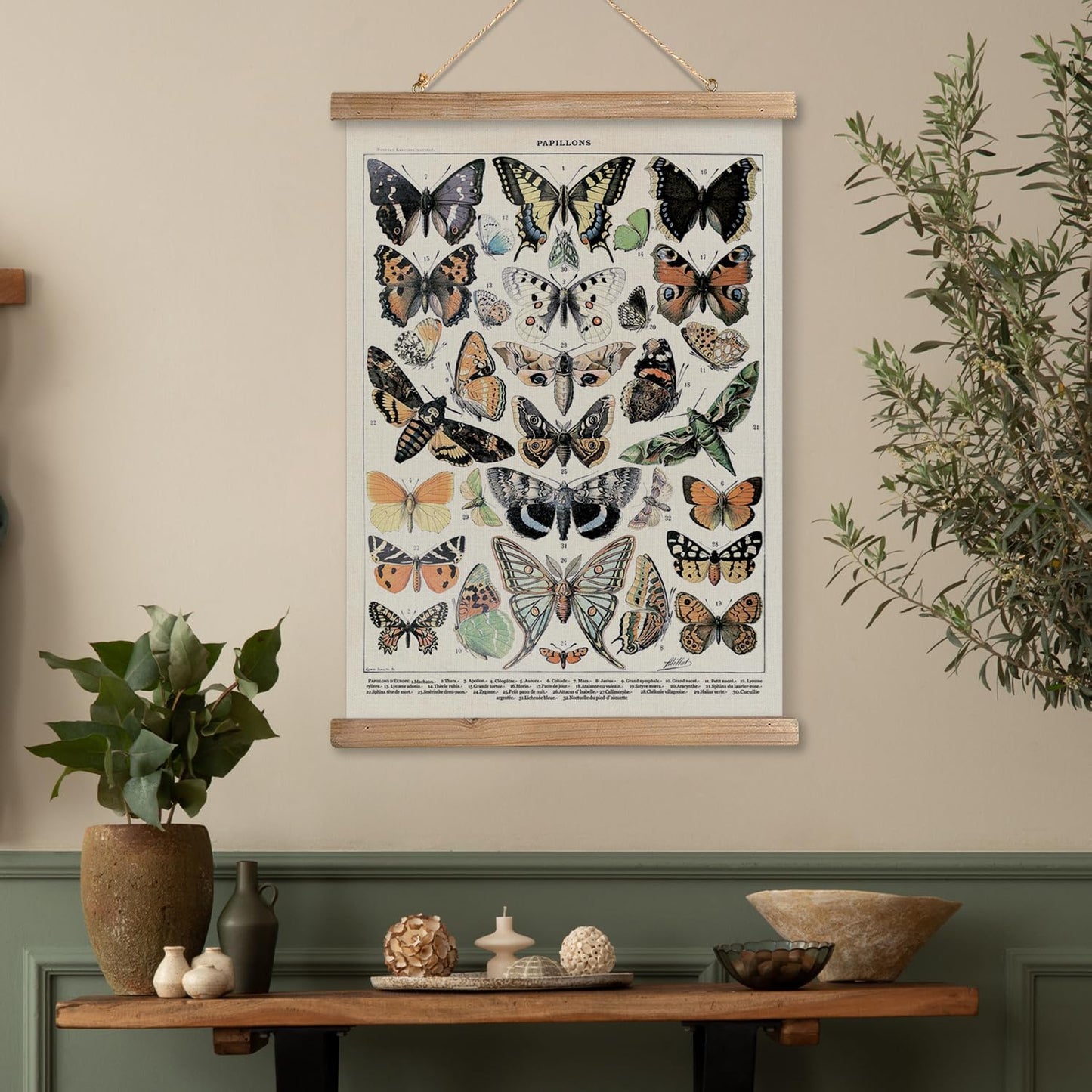 MIDEFINCH Vintage Butterfly Wall Art Poster with Wooden Frame - Natural History Illustration, Papillons Canvas Print, Retro Home Decor for Living Room, Bedroom, Office, 20x30 Inch