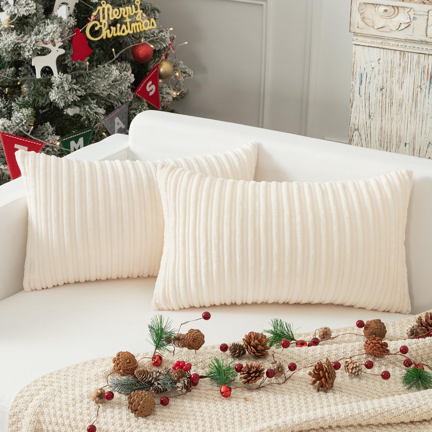 Kevin Textile Set of 2 Oblong Pillow Covers Christmas Plush Striped Corduroy Velvet Rectangular Lumbar Throw Pillow Case 12x20 Cushion Cover for Chair, 30 x 50cm, Creamy White