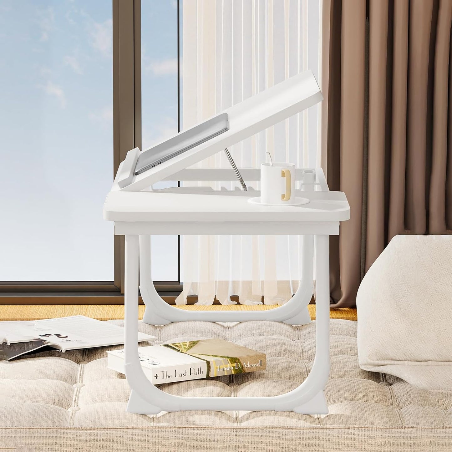 Laptop Desk for Bed, Adjustable Laptops Stand with 5 Adjustable Angles, Portable Lap Tray Table with Cup Holder, Laptop Bed Desk Tray for Eating Working Writing Reading (White)