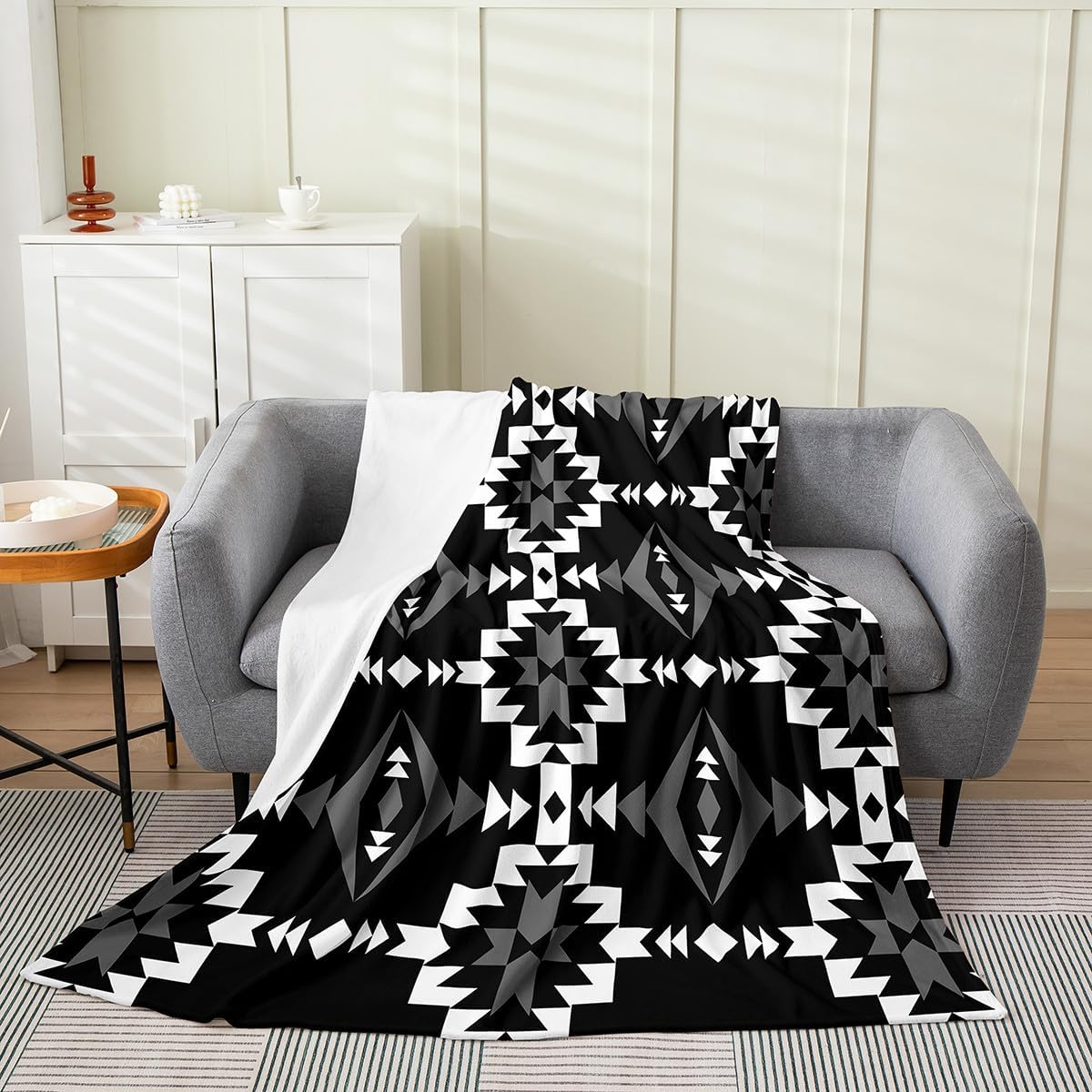 Erosebridal Western Aztec Flannel Blanket Queen 90x90, Native American Navajo Fuzzy Plush Throw, Southwestern Geometric Fleece Blanket Ethnic American Native Rustic Farmhouse Decor, Black White