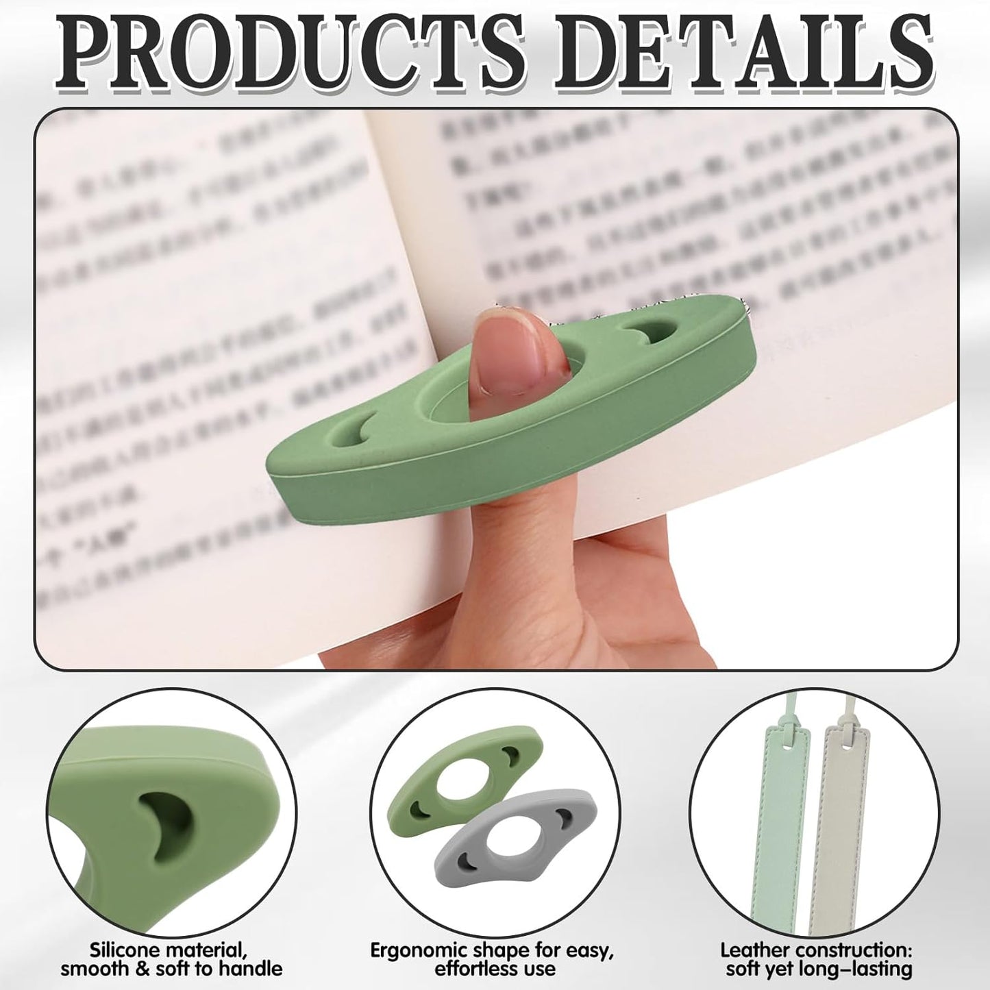 4Pcs Book Page Holder Set, 2Pcs Silicone Thumb Book Page Holder with 2Pcs Leather Bookmark - Hands-Free for Reading, Ergonomic Clip for Books, Assist Reading While Cooking or at Coffee Shop