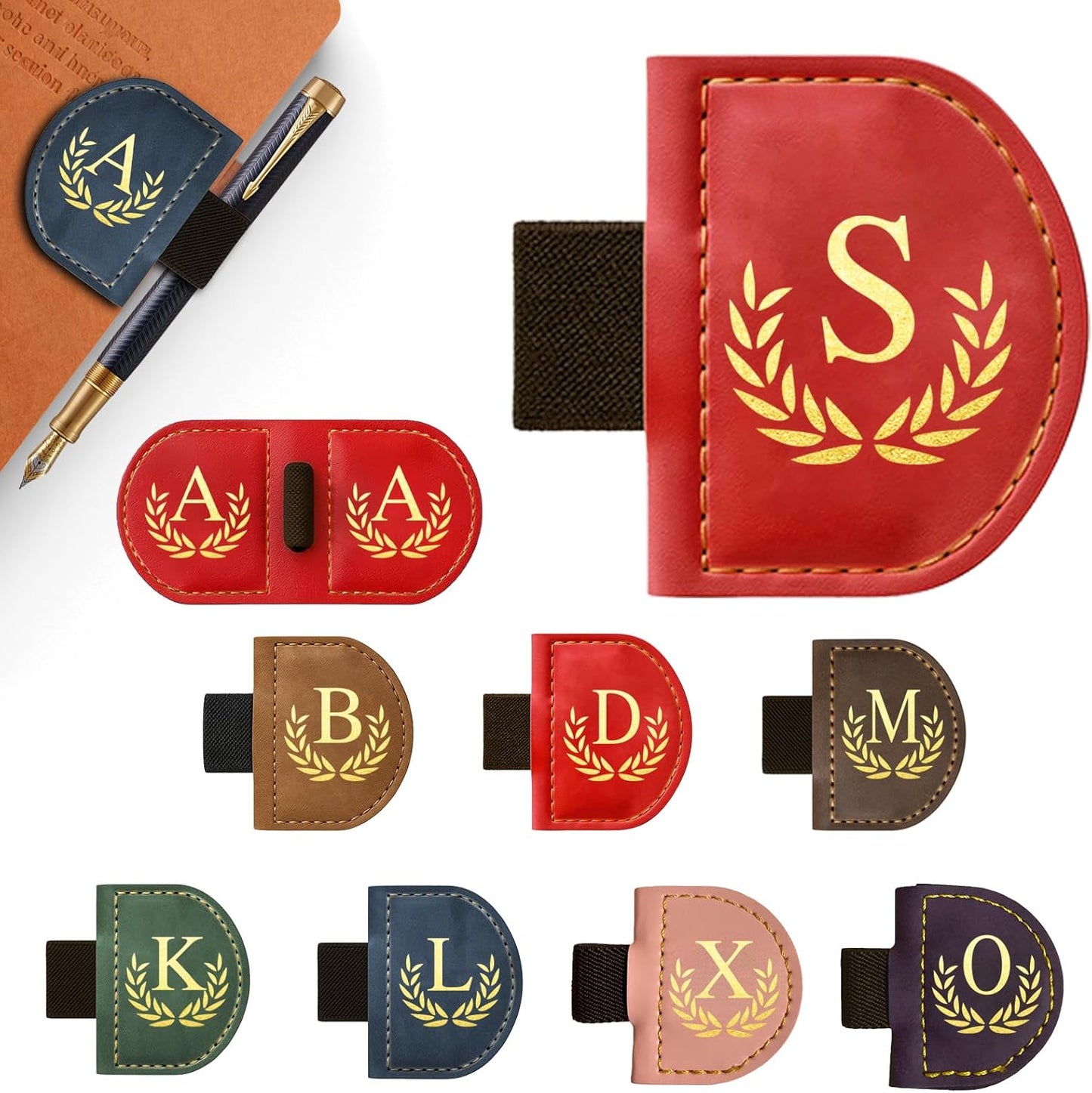 Personalized Leather Magnetic Bookmark with Pen Holder, Custom Bygone Mark Bookmark with Pen Holder, Custom Bookmarks with 26 Letters for Reading Women, Men, Teachers, Book Lovers（Red，S）