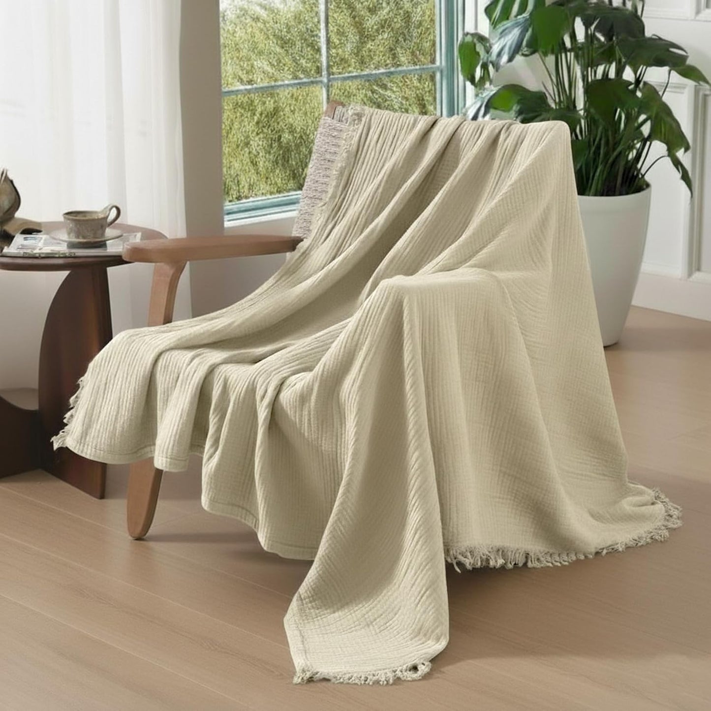 KyraHome 100% Organic Cotton 90"x104" King Size Muslin Blankets for Adults, Kids, Pre-Washed Plant Dyed, Breathable Cozy Gauze Bed Blanket, All Season (Oatmeal Khaki)