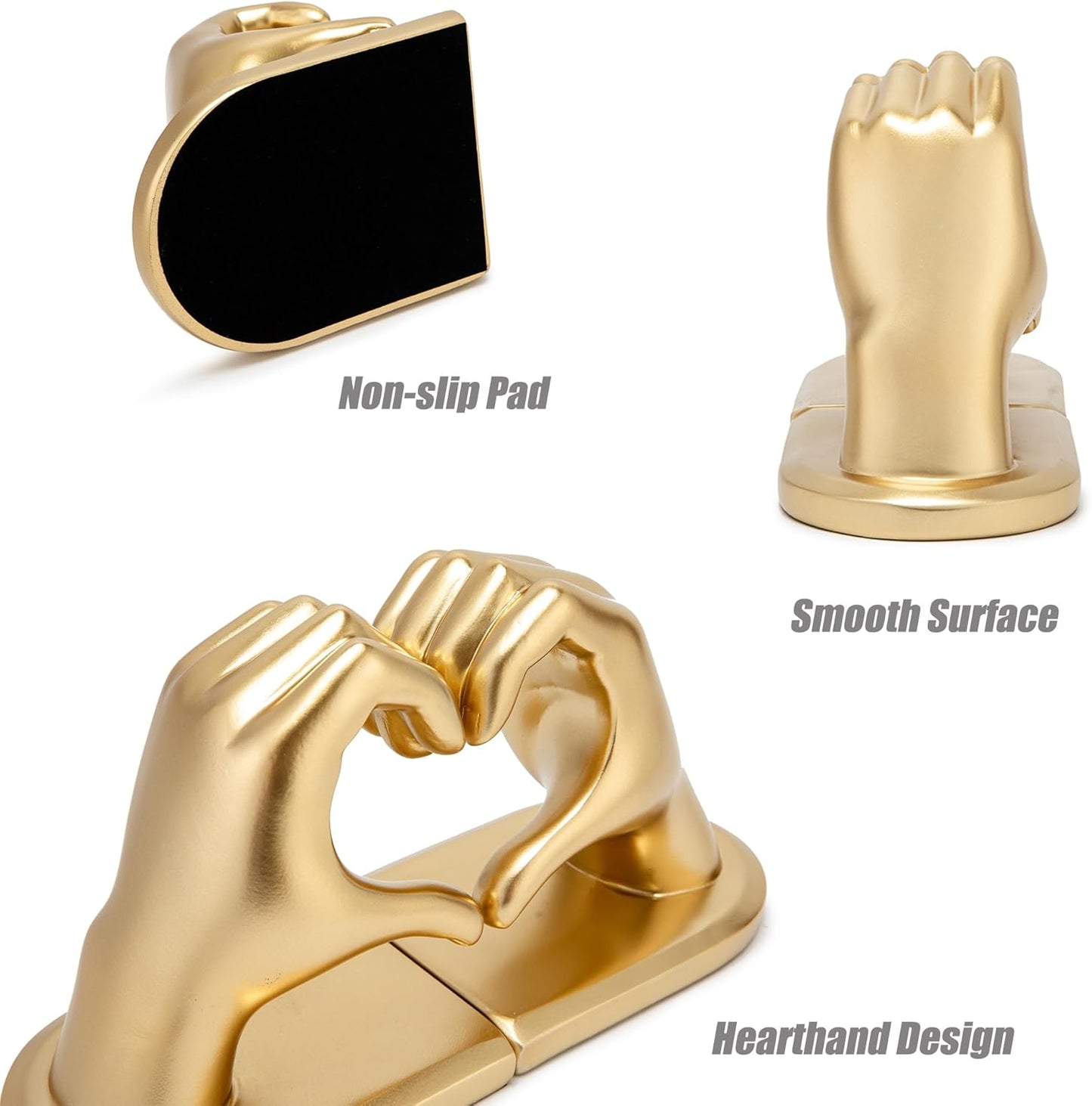 Decorative Bookends, Solid Hearthands Sculpture Book Stopper Decor Book Holder for Shelf Home Office Bedroom Living Room (Gold)
