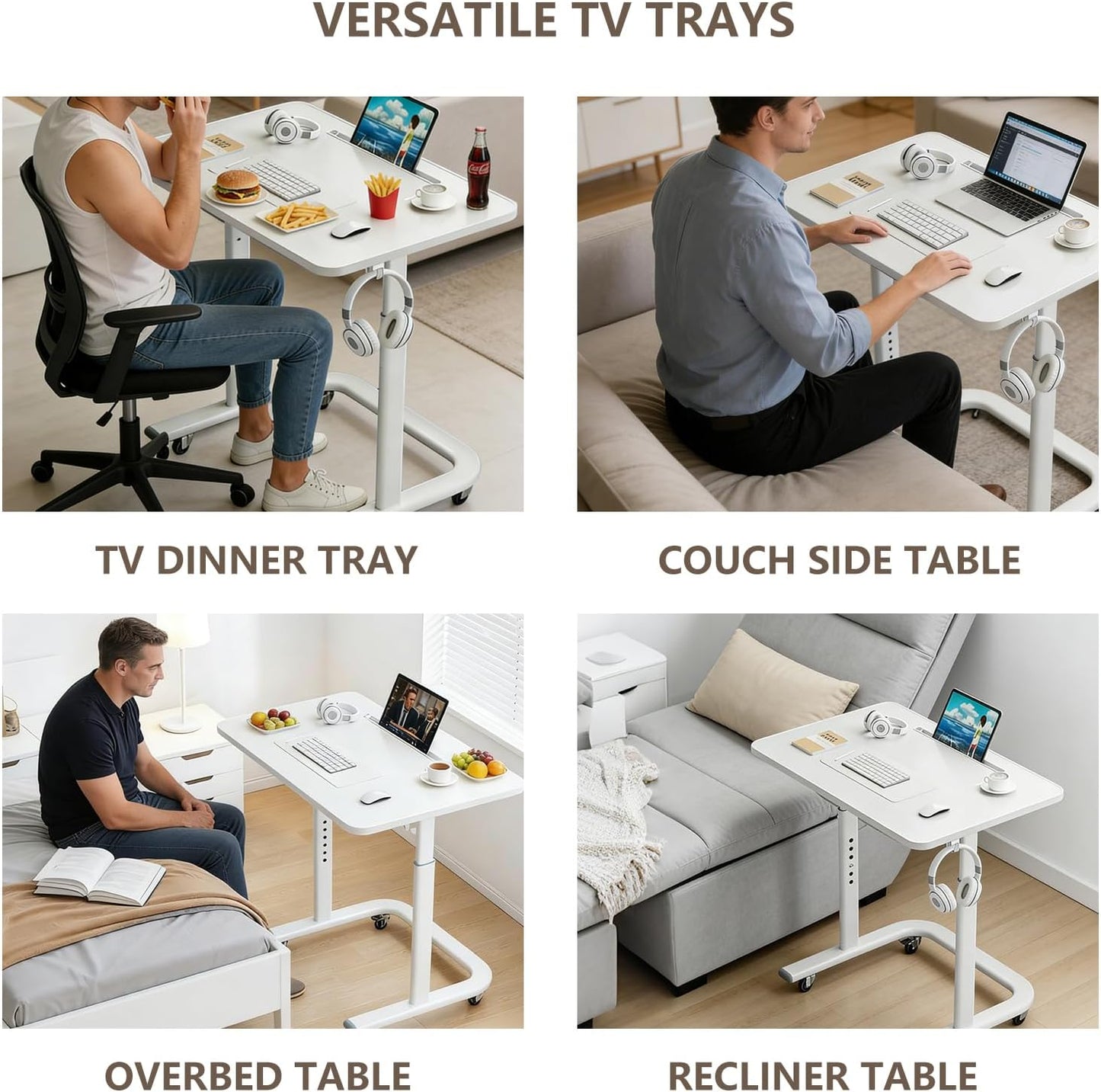 TV Dinner Tray Table,TV Trays for Eating on Couch,Height Adjustable TV Tray Table with Wheels,C Shaped End Table with Slot,Standing Rolling Laptop Desk&Wooden Snack Tray for Bed&Sofa&Recliner