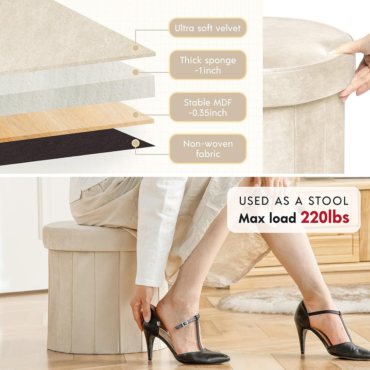 Phantoscope Storage Ottoman Round15 Inch, Velvet Folding Storage Boxes Footrest Foot Ottoman Toy Box, Padded Seat for Dorm Living Room Bedroom, Support 220lbs Off-White