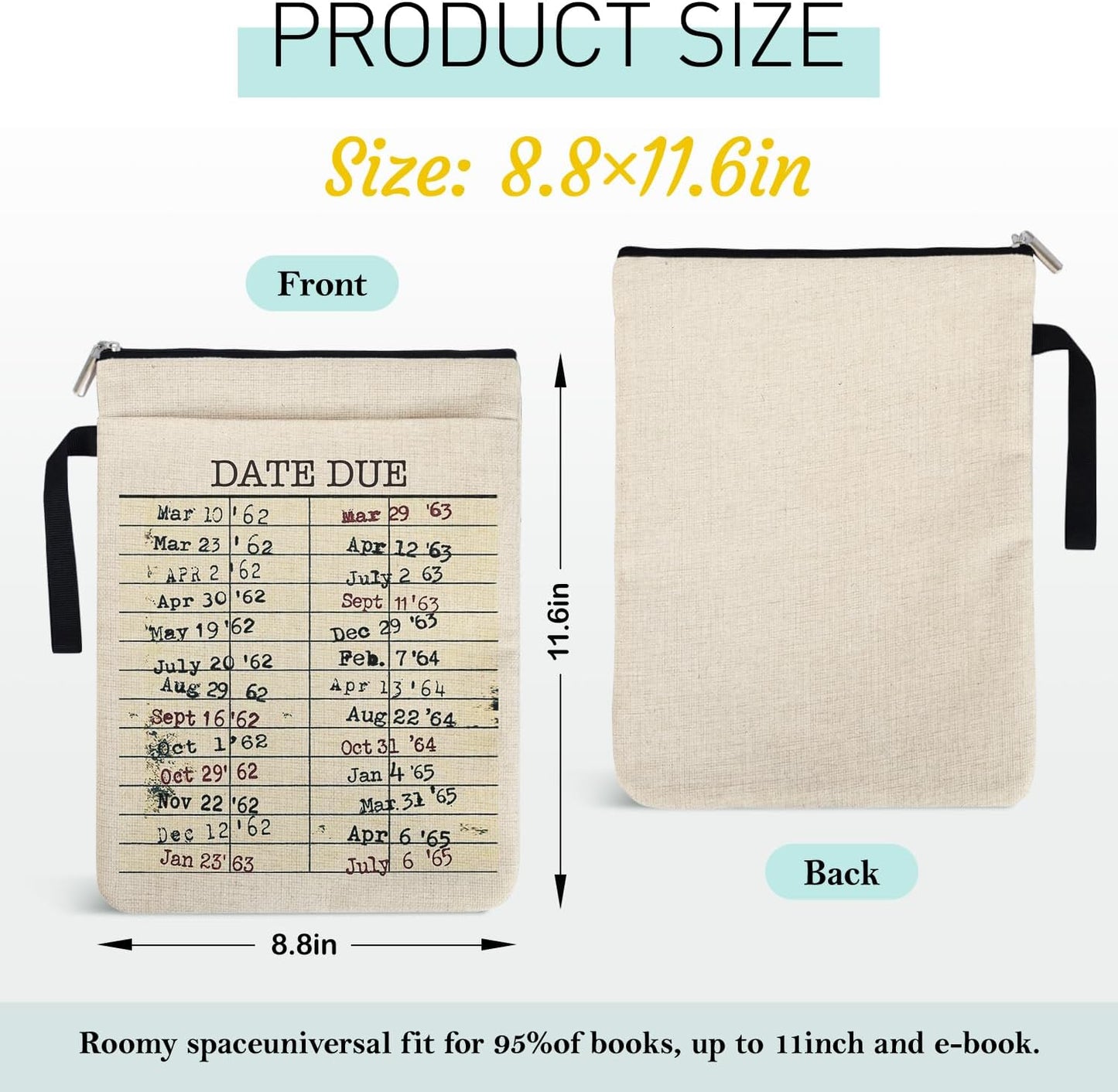 Library Date Due Book Sleeve Book Bag Gifts for Book Lover, Paperback Sleeve for Librarian Lovers Bookish Group Club Gifts for Women, Book Cover with Zipper and Front Pocket 9 x 12 Inch