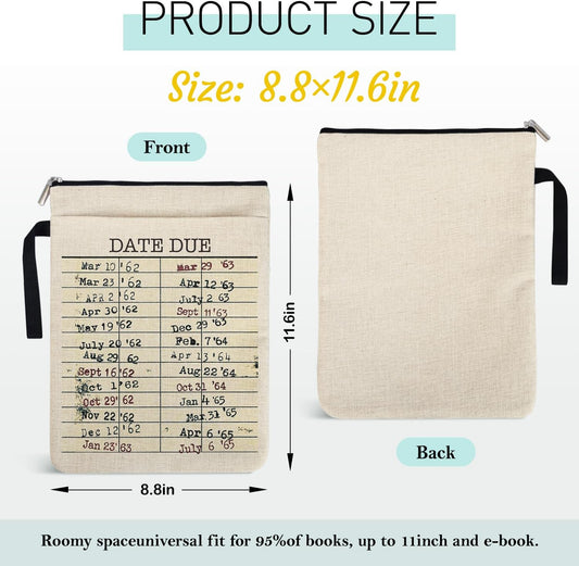 Library Date Due Book Sleeve Book Bag Gifts for Book Lover, Paperback Sleeve for Librarian Lovers Bookish Group Club Gifts for Women, Book Cover with Zipper and Front Pocket 9 x 12 Inch