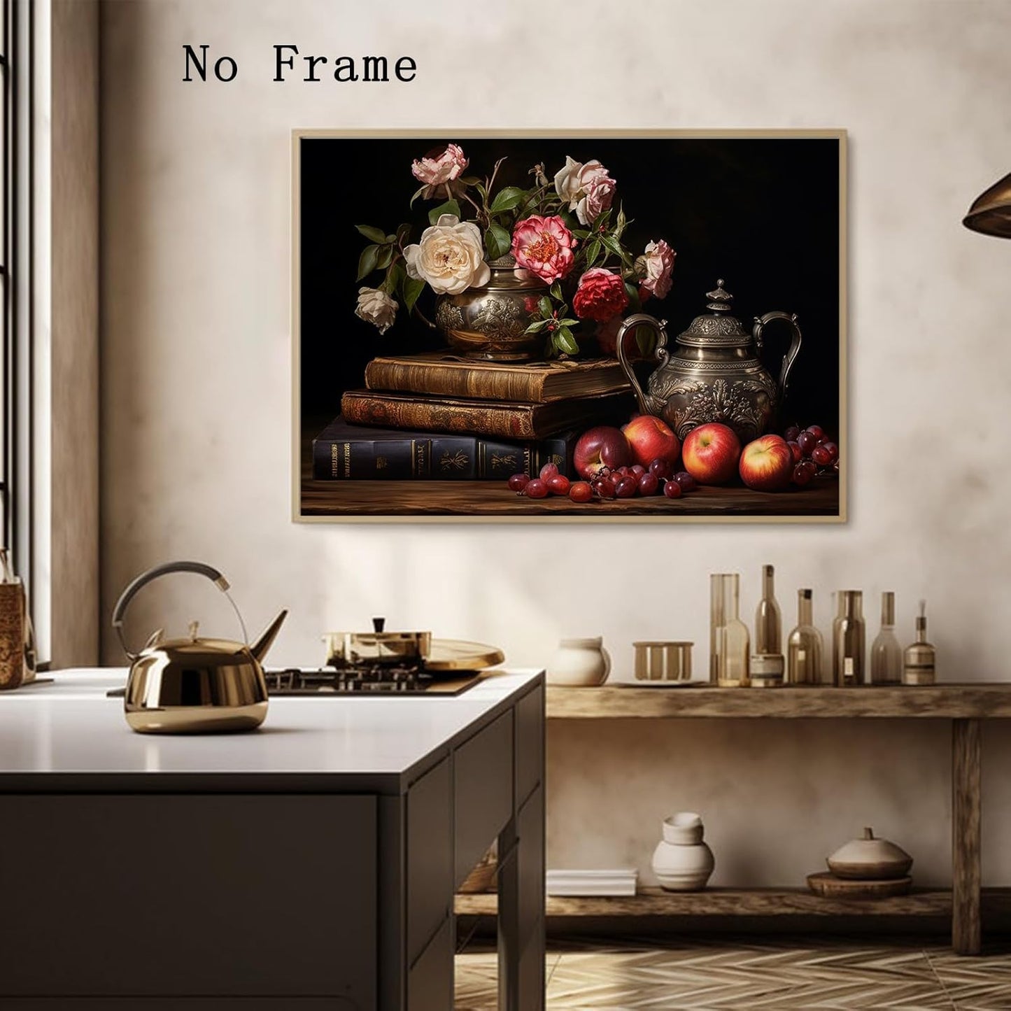 Moody Flower Books Canvas Wall Art Still Life Fruit Painting Victorian Floral Canvas Art Academia Poster Books Still Life Pictures Prints Vintage Dark Floral Picture 24x16 Inch Frameless