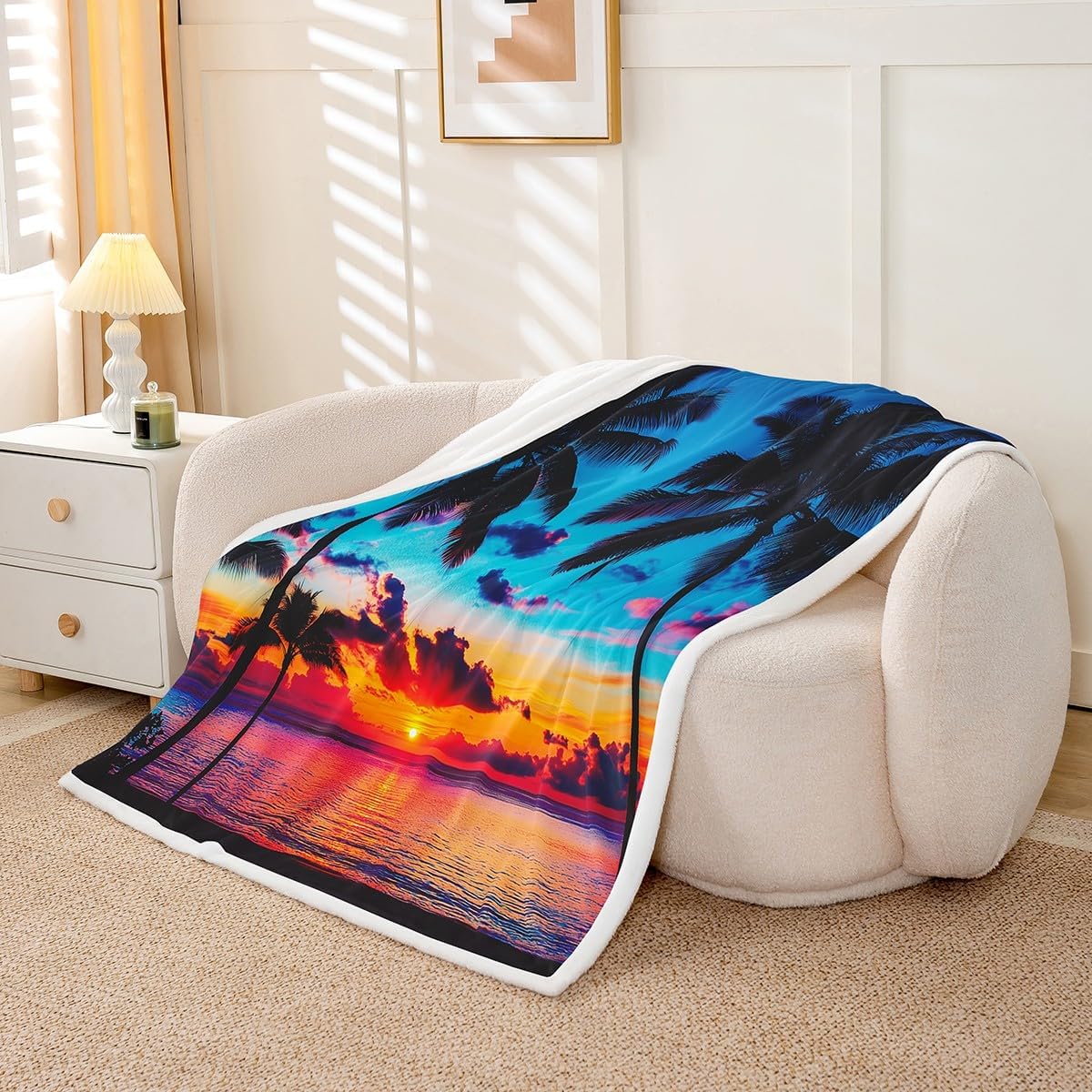 Ocean Beach Themed Sherpa Blanket,Tropical Sunset Beach with Palm Trees Plush Blanket,Peaceful Sea Marine Palm Tree Fleece Throw Blanket Bright Hawaii Style Fuzzy Blanket Twin 60"x80"