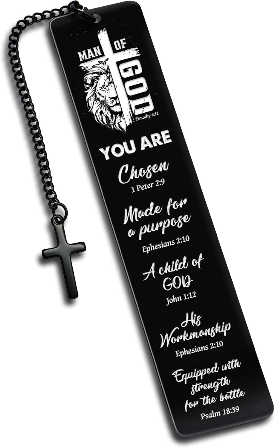 Christian Metal Bookmark Man of God, Black Inspirational Lion Bible Verse Book Mark with Cross Pendant, Religious Scripture Verse Bookmarks for Man Accessories Birthday Church Baptism Gift