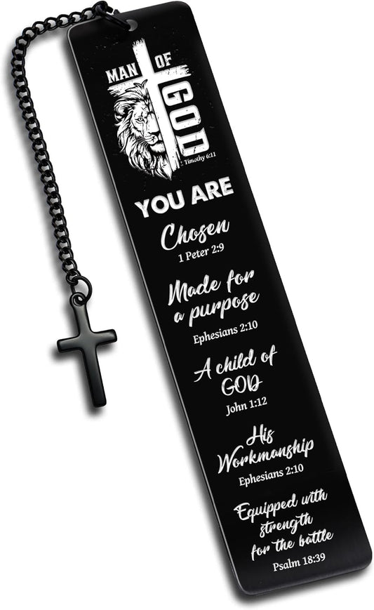 Christian Metal Bookmark Man of God, Black Inspirational Lion Bible Verse Book Mark with Cross Pendant, Religious Scripture Verse Bookmarks for Man Accessories Birthday Church Baptism Gift