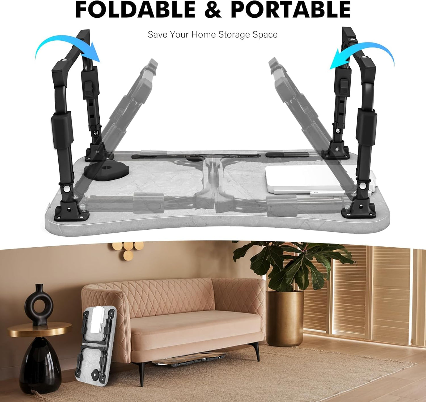 Lap Desk for Bed Adjustable Height, Foldable Bed Table with Storage Drawer, Tablet Slot & Cup Holder, Portable Laptop Stand for Bed & Sofa, Bed Desk for Adults & Kids, Light Stone Color