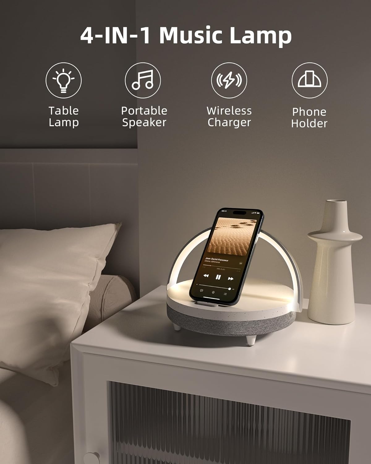 EZVALO Gifts for Women, 4-in-1 Bluetooth Speaker, Bedside Lamp with Wireless Charger, Dimmable Night Light and Phone Holder, Birthday Gifts for Teens, Families and Friends