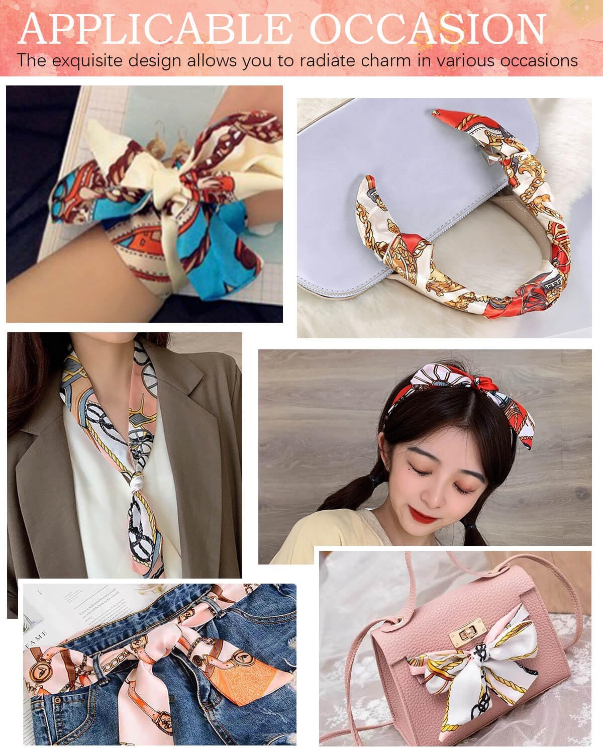 6 Pack Scarf Bags for Women Narrow Handbag Handle Wrap Ribbon Neckerchief Scarf Hair Neck Scarves Fashion Gifts