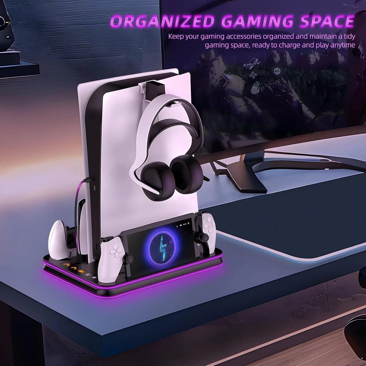 PlayStation Portal Charger, PS5 Stand and Cooling Station with RGB LED Controller Charging Dock Accessories, PS5 Edge Controller and PS Portal Charger, Headset and Remote Holders