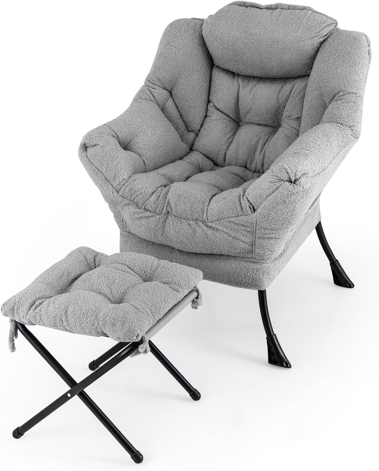 HOMGX Lazy Chair with Ottoman, Modern Accent Chair w/Folding Footstool & Side Storage Pocket, Upholstered Comfy Reading Chair for Bedroom, Living Room, Office (Grey)