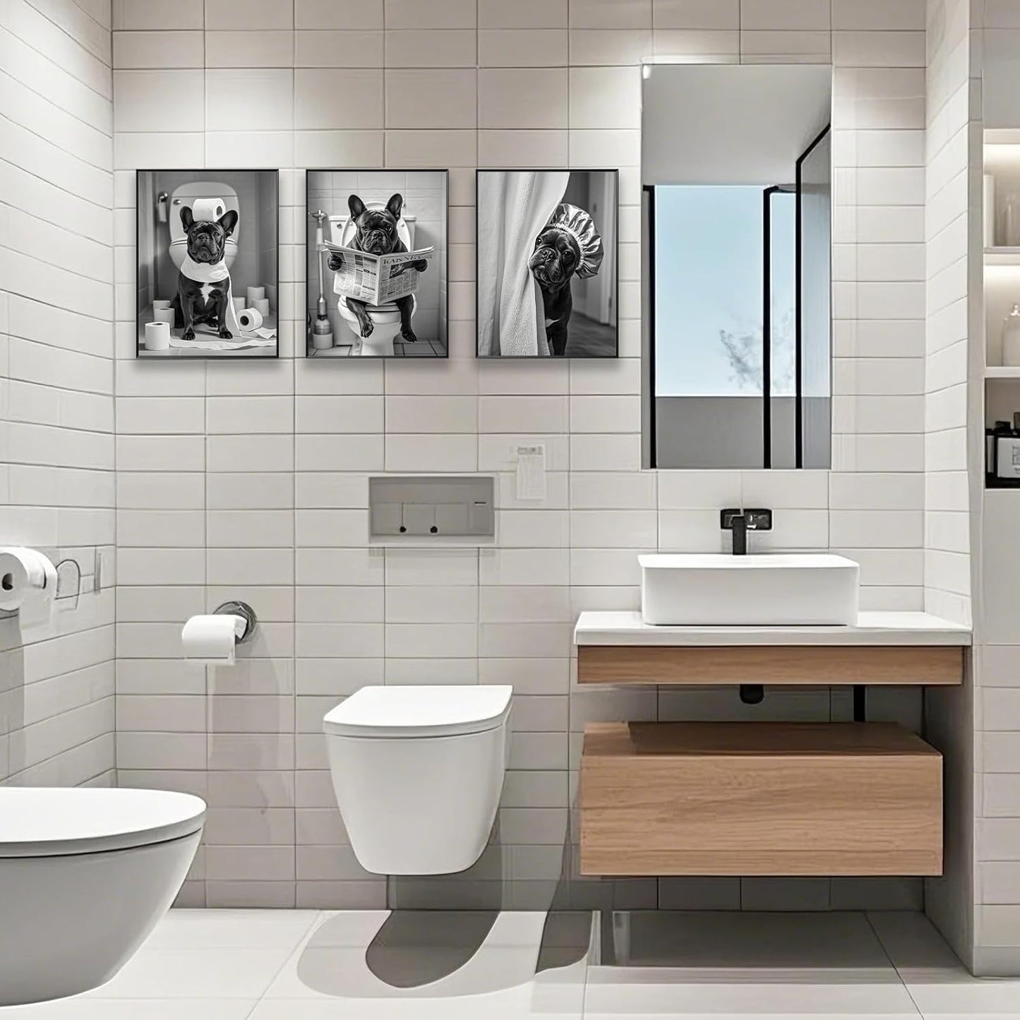 3Pcs Black and White Bathroom Wall Art French Bulldog Reading Newspaper Dog on Toilet Canvas Wall Decor Bathroom Pictures Prints Posters Artwork Toilet Restroom Wall Decorations 12x16 Inch Unframed