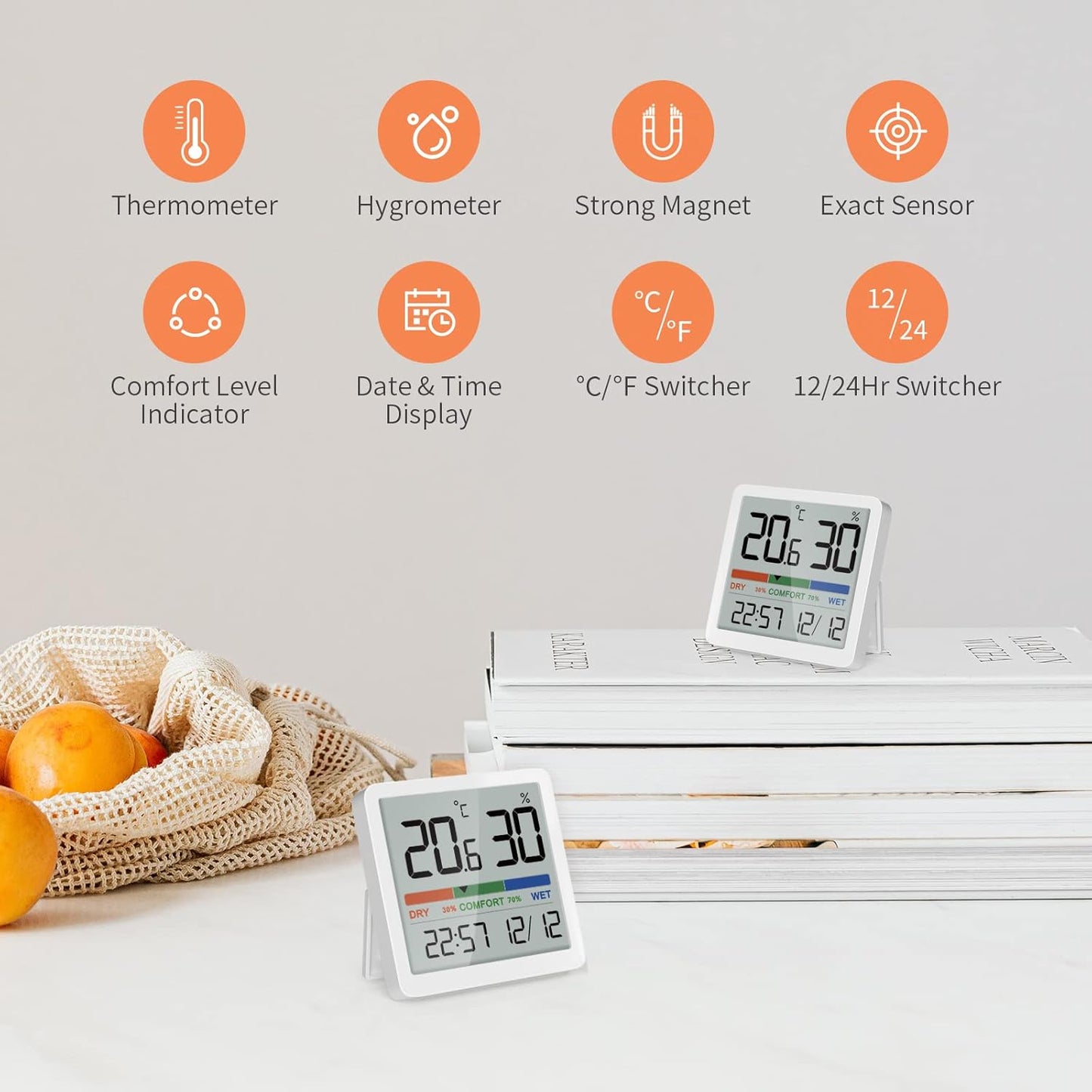 NOKLEAD 2-Pack Indoor Thermometer Hygrometer - Room Temp Gauge Humidity Monitor for Home, Magnetic, 3.3in Screen, Calibration & Air Comfort Indicator (Spare Battery Included)