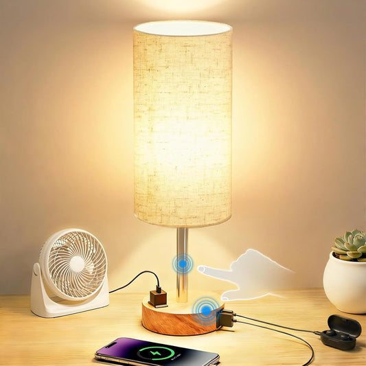 Table Lamp for Nightstand, High-Sensitivity Touch, 3-Level Dimmable Bedside Lamp with AC Outlet | USB | and USB-C, Ideal Night Stand Lamp for Bedroom, Reading, Living Room(Warm&Wooden)