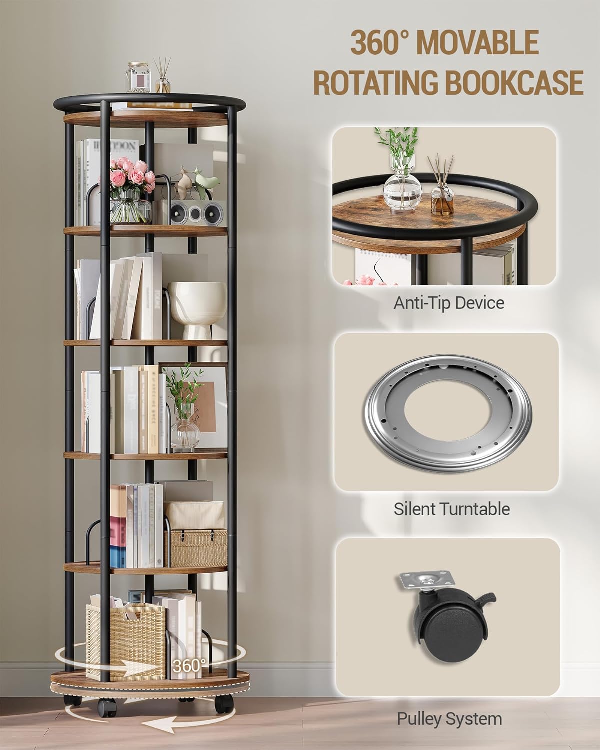 Rotating Bookshelf, 360° Spinning Bookshelf Tower, Display Revolving Bookcase, Round Book Shelf, Narrow Swivel Bookshelves for Small Space, Bedroom, Living Room, 6-Tier Rustic Brown, BC52101B