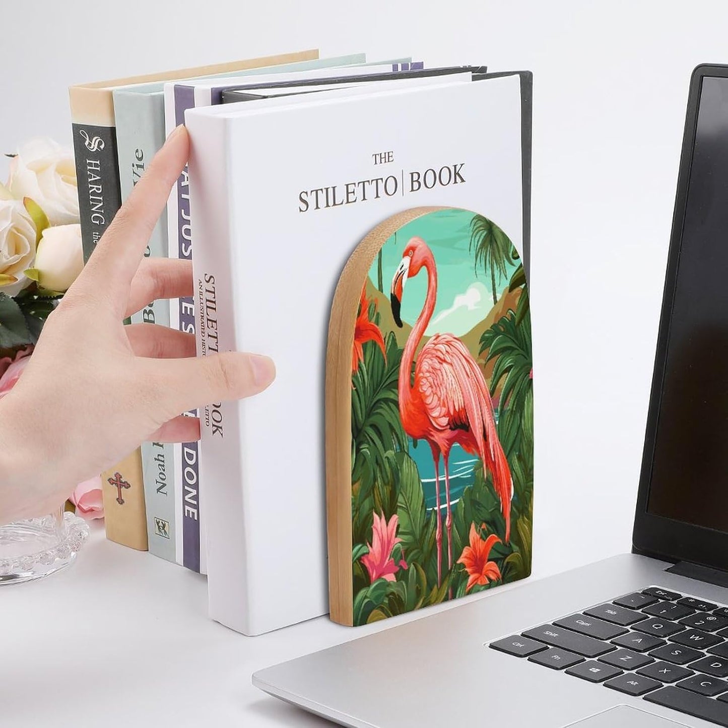 Tropical Flamingo Bookend for Shelves Wooden Book End Large Size Sturdy Book Holders Stoppers with Metal Base for Bookshelves Slick Decorative Bookends Stands