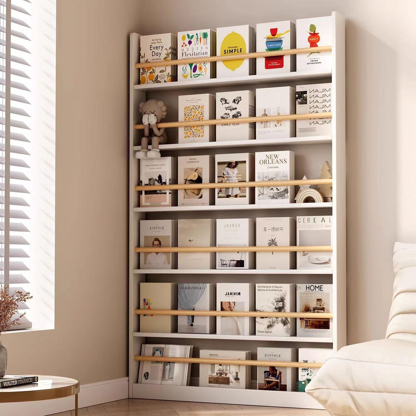 Behind The Door Bookshelf 6-Tier Wooden Behind The Door Storage Cabinet Wall Mount Shelf Easy to Install for Bedroom Kid Room Living Room Library（White）