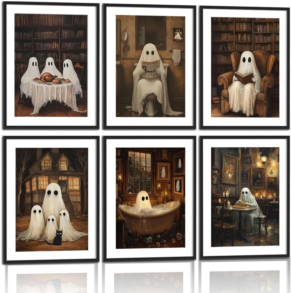 6Pcs Halloween Ghost Wall Art Gothic Ghost Scenes Reading Bathing Dining Wall decoration pictures Spooky Halloween Canvas Posters Prints for Bedroom Bathroom Home Decor Unframed (12inx16in Posters)
