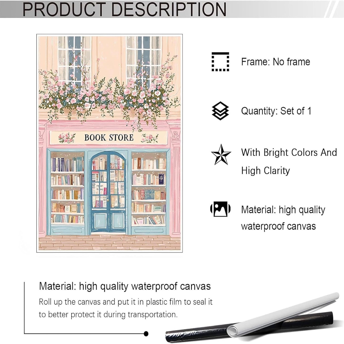 Trendy Charming Bookish Book Store Posters Colorful Pink Floral Literary Canvas Wall Art Preppy Reading Aesthetic Prints Painting For Home Bedroom Dorm Wall Decor 12x16in Unframed