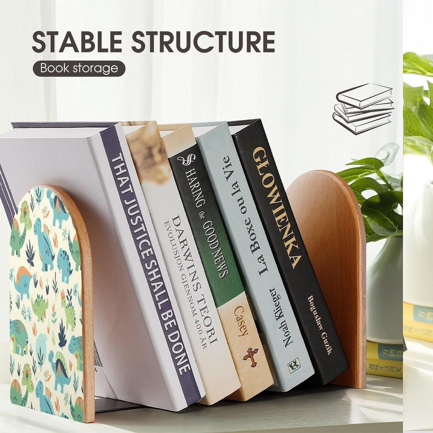 Dinosaur Pattern Bookend for Shelves Wooden Book End Large Size Sturdy Book Holders Stoppers with Metal Base for Bookshelves Slick Decorative Bookends Stands