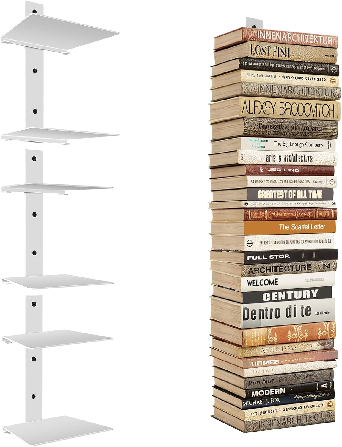 Professional Invisible Floating Book Shelves for Wall, 6 Tier Vertical Spine Book Tower Hanging Bookshelves, Wall Mounted & Space Saving, Heavy Duty Metal Book Organizer for Home Office, 3 Pack White
