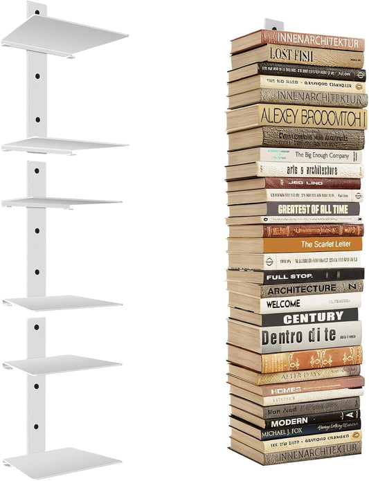 Professional Invisible Floating Book Shelves for Wall, 6 Tier Vertical Spine Book Tower Hanging Bookshelves, Wall Mounted & Space Saving, Heavy Duty Metal Book Organizer for Home Office, 3 Pack White