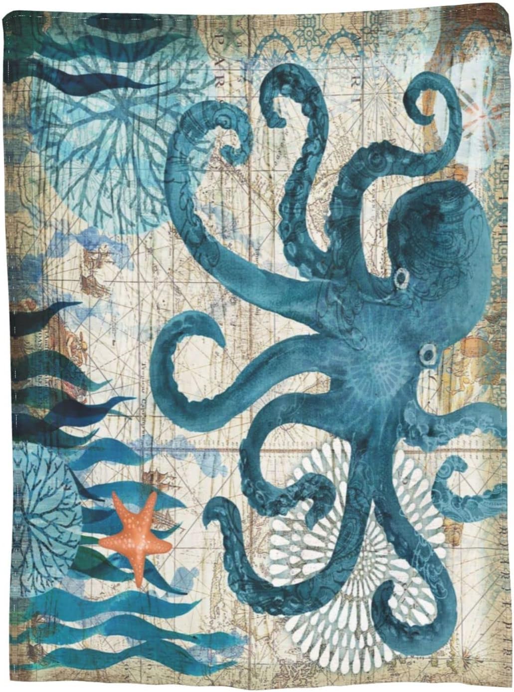 Blue Octopus Nautical Map Fleece Throw Blanket Ultra Soft Cozy Decorative Flannel Blanket All Season for Home Bed Couch Chair Travel 80x60in