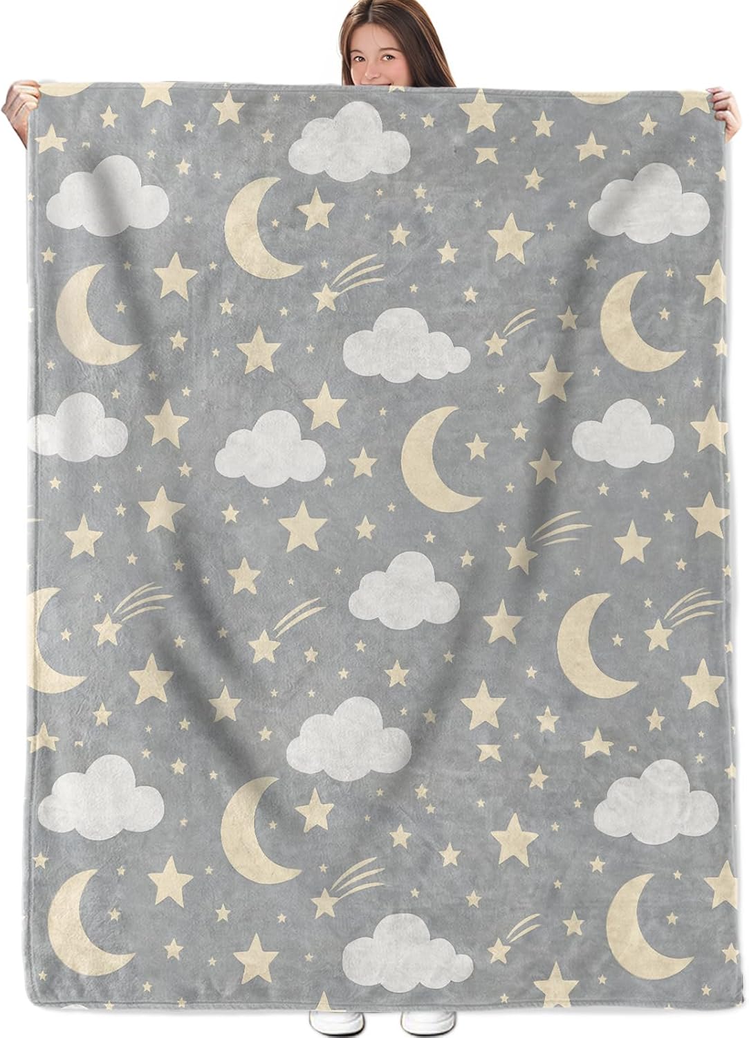 Moon, Stars & Clouds Blanket, Flannel Throw Blanket Soft Cozy Lightweight Blankets for Adults Women Kids Home Decor for Sofa Couch Bed 60x50 Inch