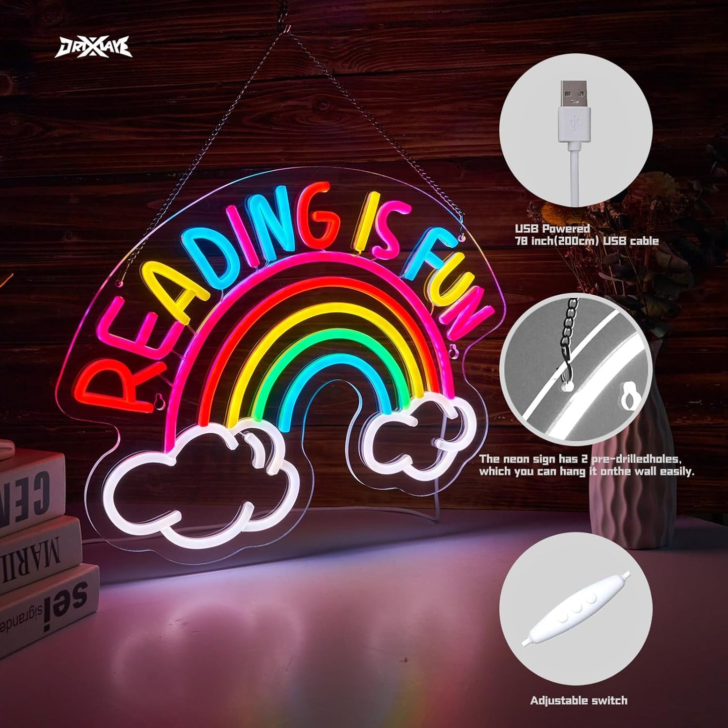 Reading Is Fun Neon Sign Read Books LED Neon Light for wall decor Smart plug timer compatible USB-Powered Suitable for Kids Boys Room Bookstore Library Museum Study Room(16.2x12.6 Inch)