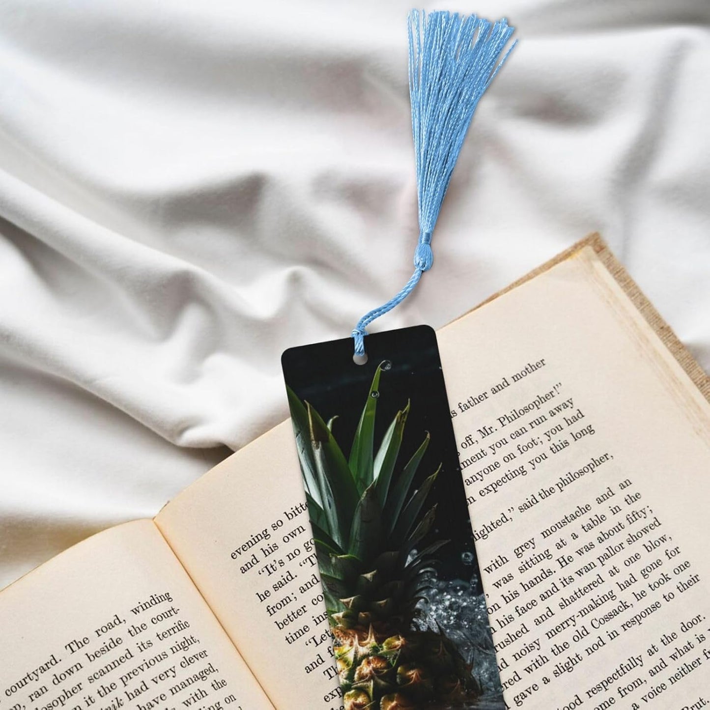Pineapple Falling into Water Bookmarks Gifts for Women Men, Wooden Bookmarks for Book Lovers, Vintage Book Marks Ornaments with Tassel, Unique Personalized Reading Page Markers Sky Blue