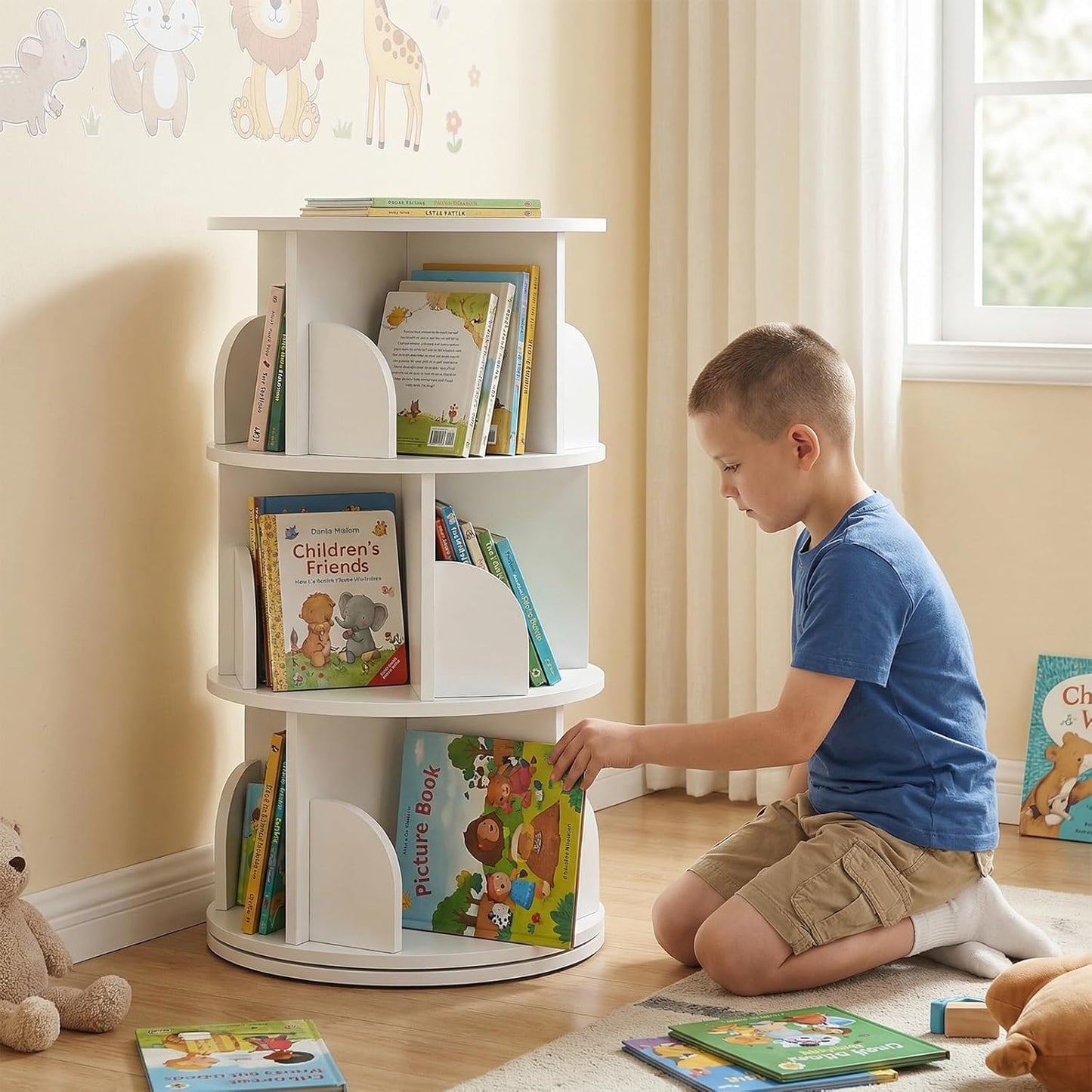 3 Tier Rotating Bookshelf, 360-Degree Swivel Revolving Tower Floor Standing Bookcase with Lazy Susan, Narrow Spinning Organizer for Small Space, Corner Storage, Study Room, Adult & Kids, White